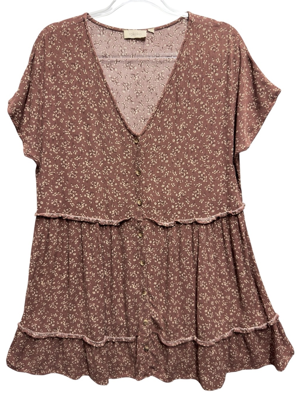 Pure Rayon Knit Gauze Chambray Floral Tiered Ruffle Babydoll Top Blouse Tunic